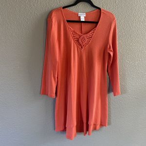 Soft Surroundings Tunic Womens Large Orange 3/4 Sleeve Macrame V-neck Boho